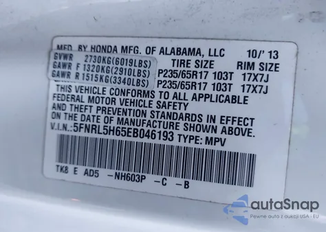 2014 Honda Odyssey Ex-L из США, поврежденный, VIN 5FNRL5H65EB046193